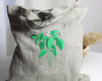 Embroidered Linen Shopping Bag, Natural Basil Herb Tote