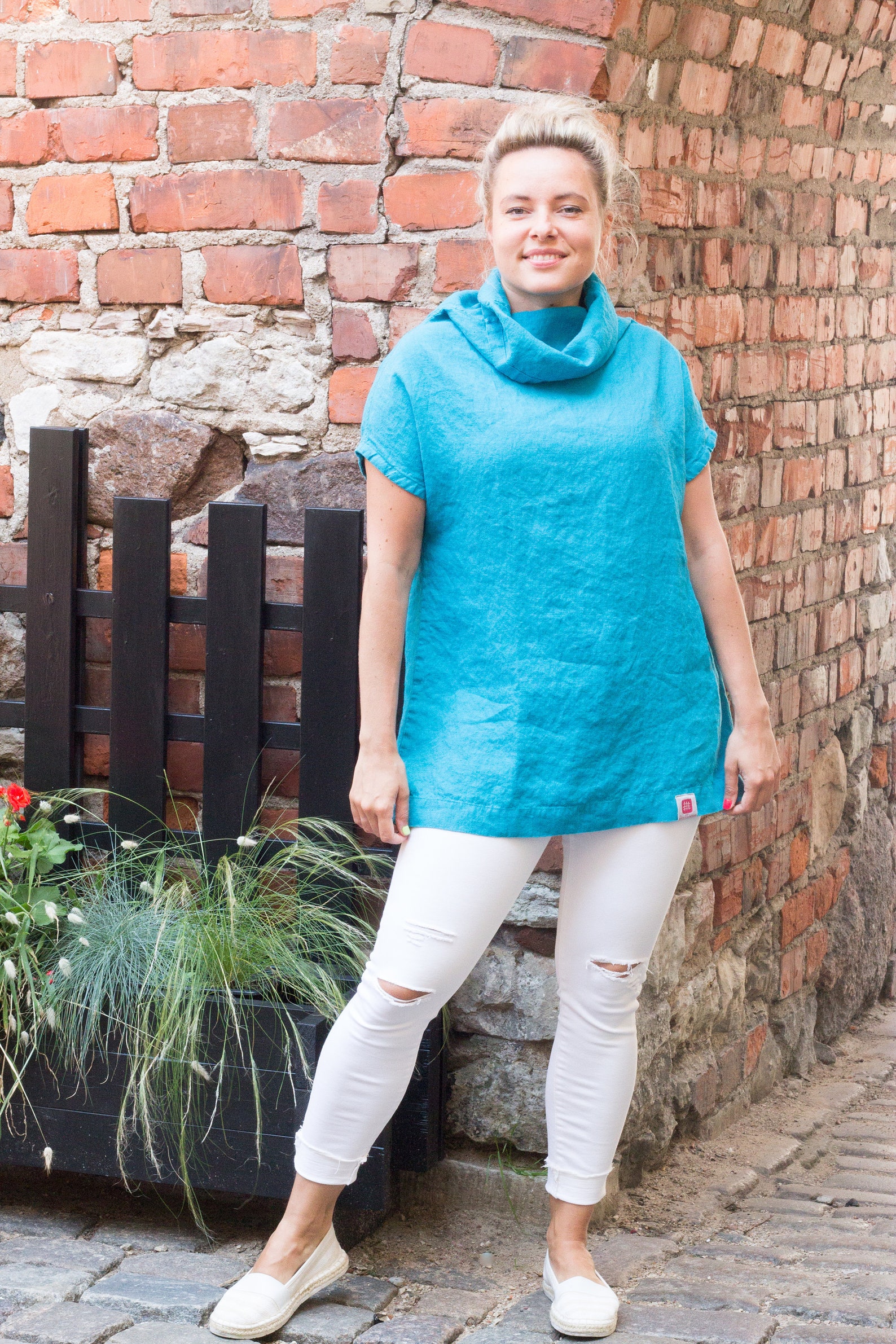 Turquoise High Neck Linen Tunic, Linen Top Women, Linen Tunic Short
