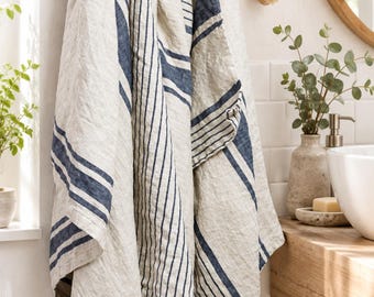 Striped Linen Bath Towel: Natural European Heavyweight Linen