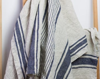 Striped Linen Bath Towel: Natural European Heavyweight Linen