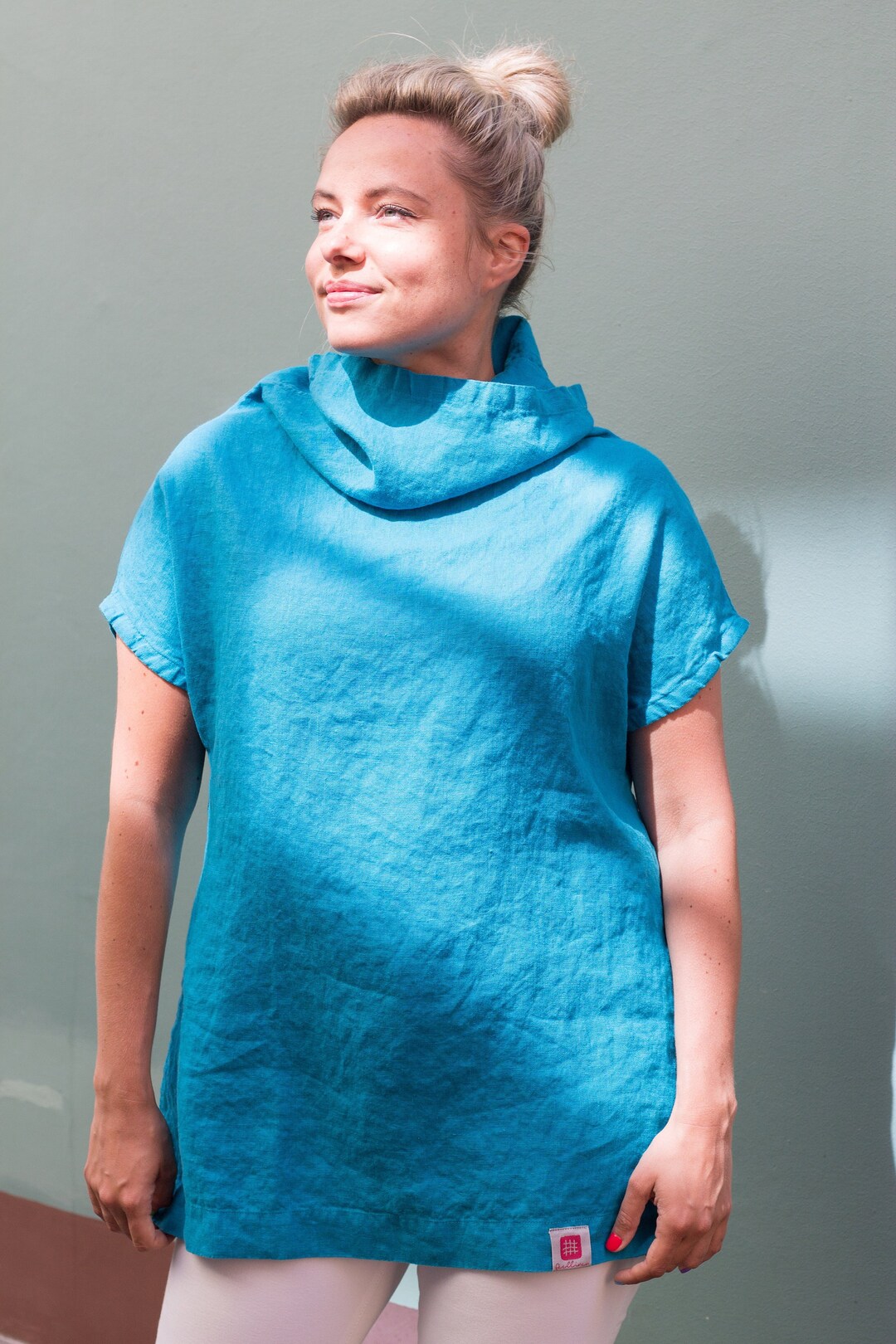 Turquoise High Neck Linen Tunic, Linen Top Women, Linen Tunic Short
