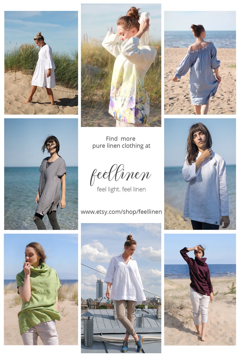 May include: A collage of photos showcasing various linen clothing styles. The photos feature models wearing different linen tops, dresses, and pants in a variety of colors, including white, blue, green, and gray. The text "Find more pure linen clothing at feellinen feel light. feel linen www.etsy.com/shop/feellinen" is displayed in the center of the collage.