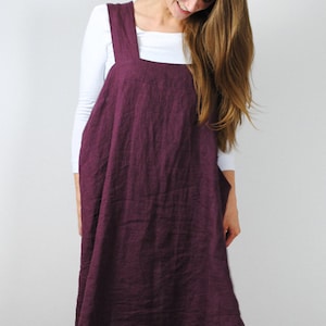 Deep bordo linen pinafore, linen pinafore with pockets,  square cross linen apron