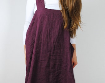 Deep bordo linen pinafore, linen pinafore with pockets,  square cross linen apron