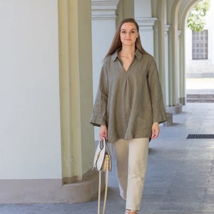 V neck linen blouse with pockets, linen loose fit tunic, linen tunic dress for women, linen summer top, linen blouse, linen shirt, zdjęcie 4