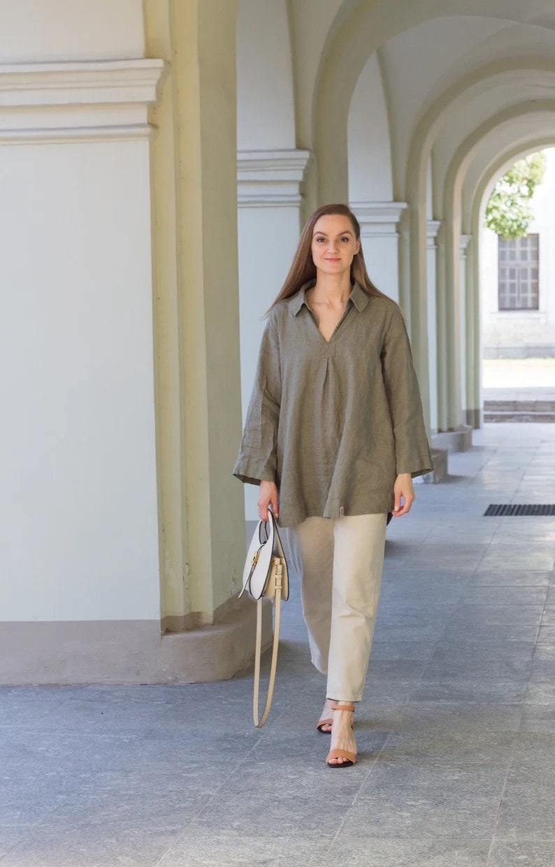 V neck linen blouse with pockets, linen loose fit tunic, linen tunic dress for women, linen summer top, linen blouse, linen shirt, image 4