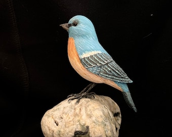 Hand Carved Lazuli Bunting Sculpture