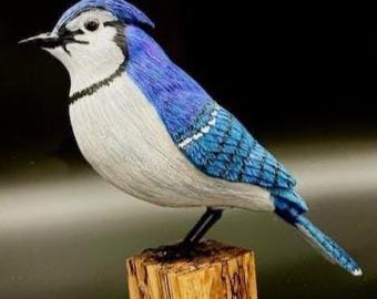 Hand-Carved Hand-Painted Blue Jay Sculpture, Spalted Maple Base