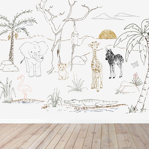 Baby Safari Animal Nursery Wallpaper Mural Etsy UK