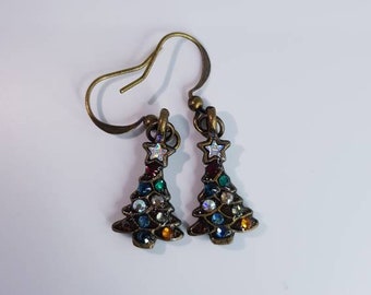 Vintage style mini brass Christmas tree earrings with crystals 2cm