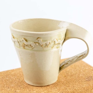 Horse mug/ tan horse border/asymmetrical shaped hand built pottery mug