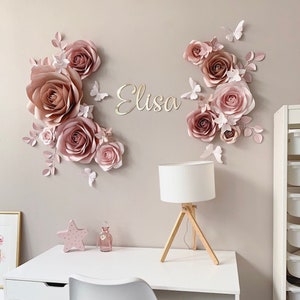 Paper Flowers Wall Decor - Nursery Wall Decor - Paper Flowers Wall - Nursery Wall Art - Paper Flowers Set - Gold Mirror Nursery Sign Name