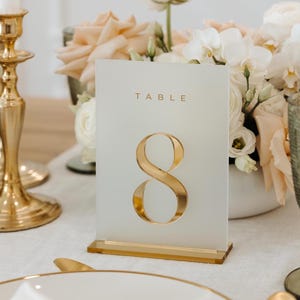 Frosted Acrylic Table Numbers - Raised Gold Table Numbers - Reception Table Decor - Wedding Signage - Table Numbers with Stands
