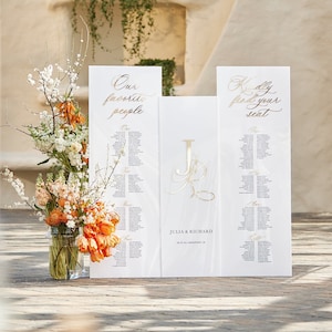 May include: White wedding seating chart with gold calligraphy. The chart is divided into three sections, with the left section titled "Our favorite people", the middle section titled "Julia & Richard", and the right section titled "Kindly find your seat".