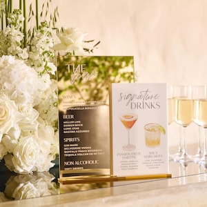 Plaque de bar en acrylique miroir blanc et or - plaque de boisson signature - menu de bar de mariage - boisson signature pour elle et lui - cocktails de mariage