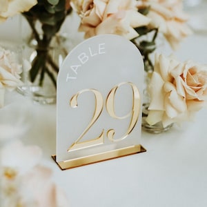 Arched Wedding Table Numbers - Frosted Acrylic 3D Mirror Table Signs - Wedding Table Decor - Table Number with Stand - Wedding Table Setting