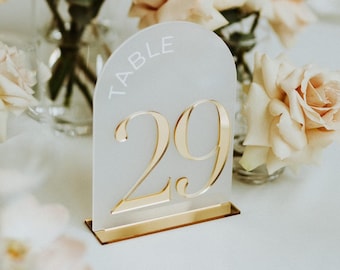 Arched Wedding Table Numbers - Frosted Acrylic 3D Mirror Table Signs - Wedding Table Decor - Table Number with Stand - Wedding Table Setting