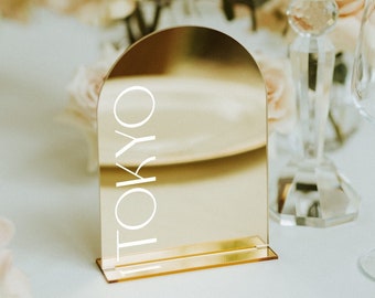 Modern Table Numbers - City Names Table Signs - Gold Mirror Table Numbers - Wedding Stationery - Wedding Table Decor