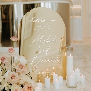 Benvenuti alla nostra cerimonia Nikkah, cartello in acrilico - Decorazione per matrimonio islamico - Calligrafia araba personalizzata - Cartello di benvenuto Bismillah con specchio dorato