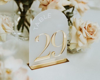 Arched Wedding Table Numbers - Frosted Acrylic & 3D Gold Mirror Table Numbers - Wedding Table Decor - 5x7 Table Signs with Stands