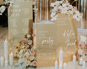 Set mit 3 Hochzeitsschildern – Sitzplan-Schild – Hochzeits-Willkommensschild – Empfangsbeschilderung – goldene Spiegelschilder – Happily Ever After Party