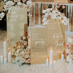 Set of 3 Wedding Signs Bundle - Seating Chart Sign - Wedding Welcome Sign - Reception Signage - Gold Mirror Signs - Happily Ever After Party