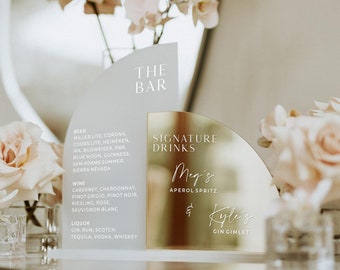 Personalized Arched Wedding Bar Sign – Gold Mirror, Frosted Acrylic Cocktail Menu – His & Hers Drinks