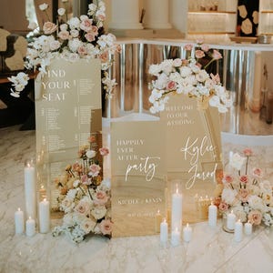 Set of 3 Wedding Signs Bundle - Seating Chart Sign - Wedding Welcome Sign - Reception Signage - Gold Mirror Signs - Happily Ever After Party