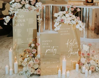 Set of 3 Wedding Signs Bundle - Seating Chart Sign - Wedding Welcome Sign - Reception Signage - Gold Mirror Signs - Happily Ever After Party