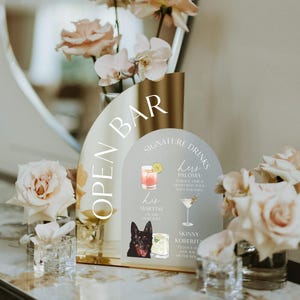 Letrero de barra de bodas con espejo dorado - Cócteles exclusivos para bodas - Bebidas exclusivas para perros - Letreros de barra - Bebidas para él y para ella - Menú de barra de bodas