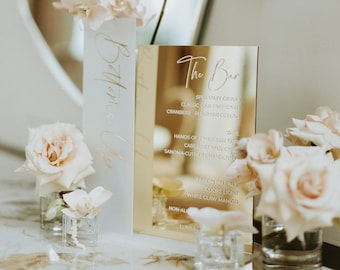 Personalized Wedding Bar Sign, Gold Mirror & Frosted Acrylic - Wedding Drinks Menu - Bottoms Up