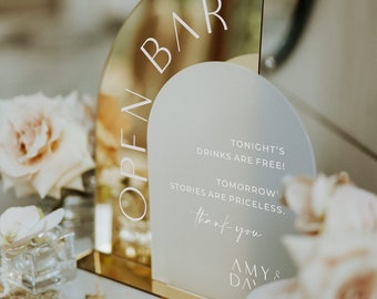 Open Bar Wedding - Plaque de bar en acrylique givré miroir doré arqué - Les boissons sont pour nous Vous avez la gueule de bois - Décoration de mariage - Panneaux de bar de mariage