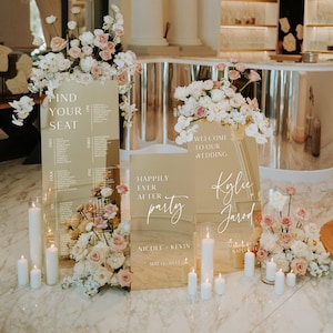 3er Set Hochzeitsschilder Bundle - Sitzplan Schild - Hochzeit Willkommensschild - Empfang Beschilderung - Goldene Spiegel Schilder - Happily Ever After Party