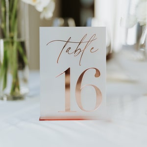 Wedding Table Numbers with Stands - Rose Gold Mirror and Frosted Acrylic Table Signs - Modern Table Numbers - Wedding Table Decor