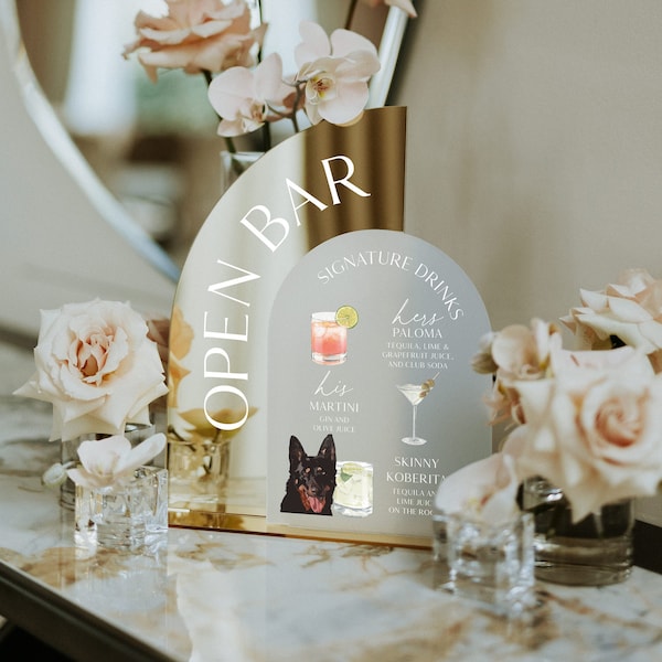 Letrero del bar de bodas Gold Mirror - Cócteles exclusivos de la boda - Bebidas exclusivas para perros - Señalización del bar - Bebidas para él y para ella - Menú del bar de bodas