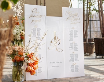 Elegant White Acrylic Wedding Sign Bundle - Seating Chart & Welcome Sign with 3D Gold Mirror Acrylic Headers and Initials