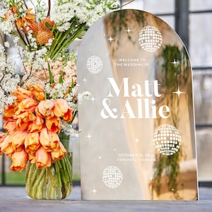 Arched Wedding Retro Welcome Sign - Disco Ball Wedding Sign - Wedding Signage - Retro Party Decor - Silver Mirror Acrylic Reception Signs