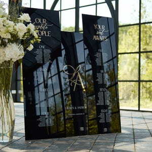 3er Set Hochzeitsschilder - Sitzplan – Willkommensschild für die Hochzeit – Schwarzes Acrylschild für die Hochzeit – Ihr Sitzplatz wartet auf Sie