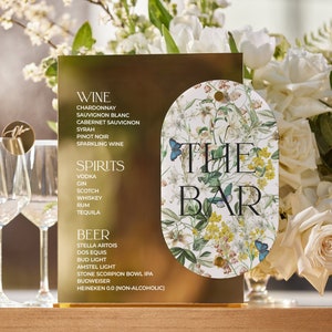 Hochzeits-Barschild - Florales Goldacryl-Barschild - Hochzeitsschild - Hochzeitsschild - Hochzeitsgetränkekarte - Individuelles Barschild