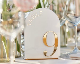 Números de mesa de arco - Números de mesa de espejo de oro 3D de acrílico blanco - Signos de mesa de boda - Señalización de mesa de boda - Decoración de fiesta de boda
