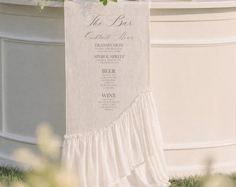 Letrero de bar de tela - Menú de bebidas de gasa transparente con volantes - Pancarta de bar para bodas - Menú de bar con cortina de tela - Cócteles de autor para él y para ella