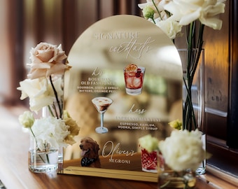 Gold Mirror Arched Bar Sign - Wedding Signature Drinks - Dog Cocktails - Reception Drink Station Decor