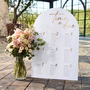 Arch Wedding Seating Chart, Time to Dine, 3D Gold Mirror Seating Plan - Reception Decor, White Acrylic Seat Chart, Wedding Table Assignament