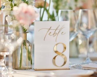 Wedding Table Numbers - White Acrylic 3D Gold Mirror Table Signs - Wedding Table Decor - Table Numbers with Stands - Wedding Table Setting