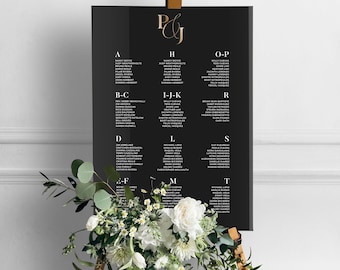 Planimetria dei posti a sedere per matrimoni - Cartello per matrimoni in acrilico nero - Planimetria dei posti a sedere in acrilico - Cartellonistica per ricevimenti di nozze - Decorazioni per matrimoni nere