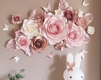 Paper Flowers Girl Nursery Wall Decor - Blush Pink & White - Baby Shower Decor