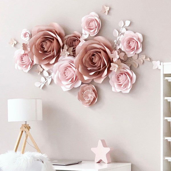 Paper Flowers Set in Blush Pink and Rose Gold - Nursery Wall Decor - Paper Flower Wall Decor - Paper Flowers Decor