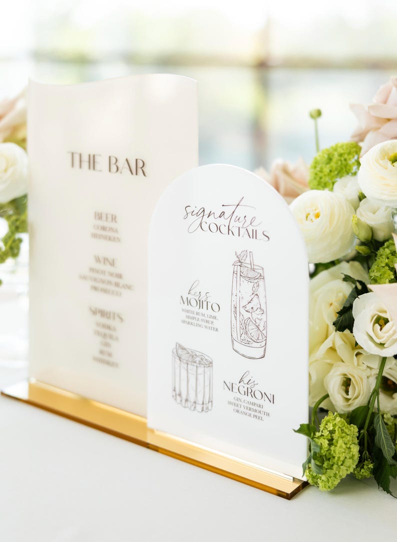 Wedding Cocktails Bar Menu - Signature Drinks Sign - White and Beige Acrylic Reception Signage - Wedding Bar Decor - Personalized Bar Sign image 6