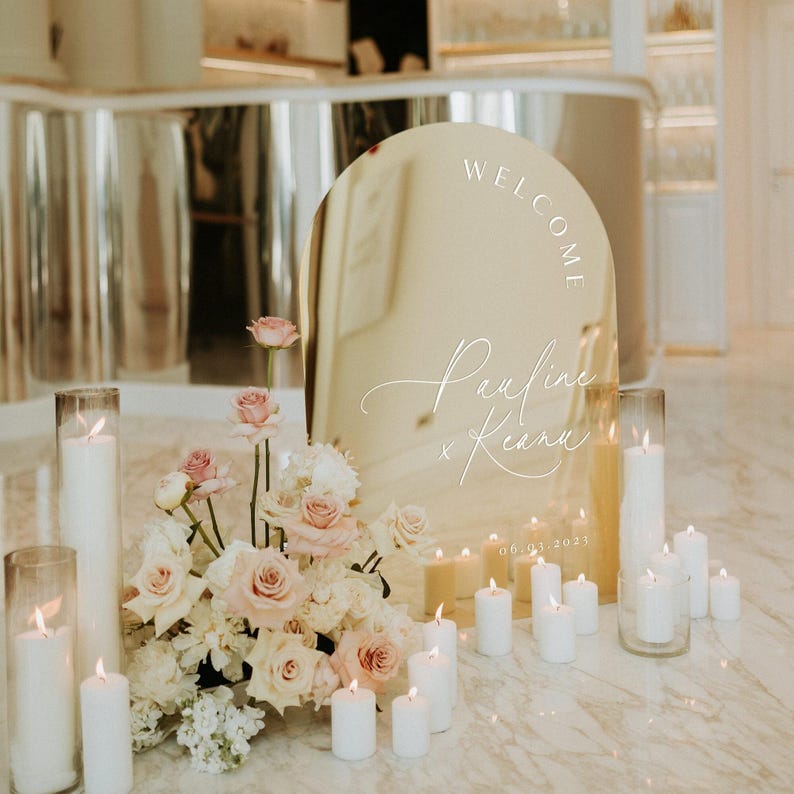 Gold Mirror Welcome Sign - Arched Wedding Sign - Wedding Welcome Sign - Wedding Signage - Custom Wedding Sign - Welcome to the Wedding image 1