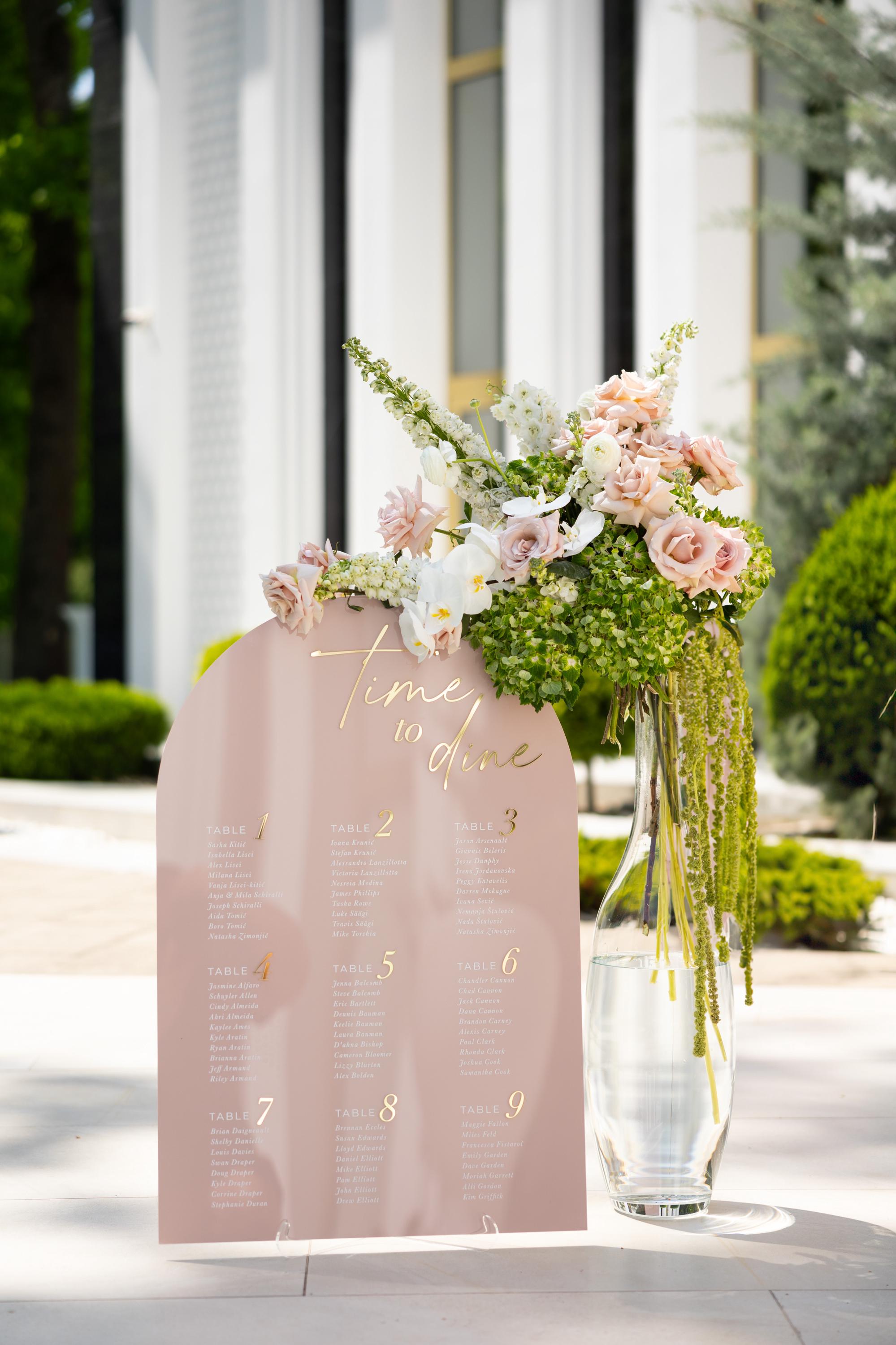 Arch Wedding Seating Chart: Pink Acrylic with Gold Lettering